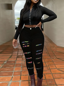 Livraison Gratuite aux USA - Jeans <span class=keywords><strong>Mom</strong></span> <span class=keywords><strong>Taille</strong></span> Haute Coupe Ajustée Extensible Longueur Cheville <span class=keywords><strong>Pantalon</strong></span> Skinny en Denim pour Femmes Rondes Style Été - Product Image 4
