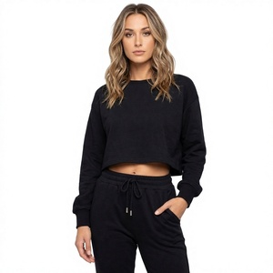 Plus Size Women's <b>Cropped</b> Sweatshirt <b>Black</b> Crew Neck Drop Shoulder Long <b>Sleeve</b> Casual Pullover <b>Top</b> - Product Image 1