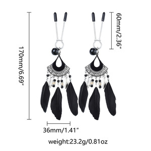 Pinces à tétons en plumes de pêcheur d'aubépine, ornements de tétons à pampilles en plumes, pinces à tétons rétro en métal, pinces à lèvres de style bohème, BDSM - Product Image 2
