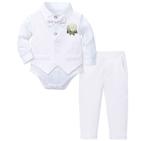 Vêtements pour bébé garçon, costumes blancs, 5 pièces, tenue de gentleman pour bébé, chemise + nœud papillon + gilet + corsage + pantalon, costume de mariage pour bébé, 0-24 mois