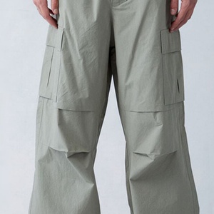 New Fashion Plain Loose Fit Multi-Pockets Custom Elastic Waist Mid <b>Wide</b> <b>Leg</b> Nylon Lightweight Men <b>Cargo</b> Pants - Product Image 4