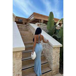 Robe de soirée bleue Clara, style robe de bal, avec perles scintillantes, manches courtes et taille empire, longueur ras du sol, pour soirée formelle - Product Image 1