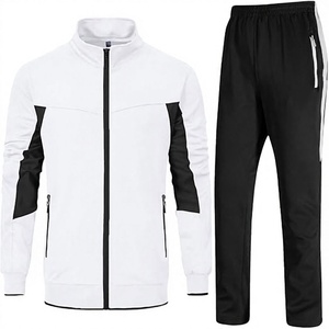 Men's <b>White</b> Black Contrast Tracksuit Full Zip Sporty <b>Jogger</b> Set Solid Color Stand Collar Regular Fit Autumn Wear - Product Image 1