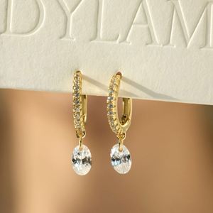 Dylam Elegance Classic Design Fine Jewelry 14K Gold Rhodium Plated Dangle Oval Shape 5A Zirconia <b>Clip</b>-on Hoop Earrings Jewel - Product Image 4