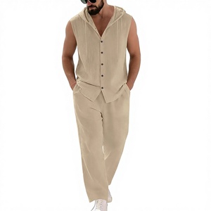 Ensemble d'été décontracté pour <span class=keywords><strong>homme</strong></span> en fibre <span class=keywords><strong>de</strong></span> bambou, coupe ample, uni, avec chemise sans manches à capuche ornée <span class=keywords><strong>de</strong></span> strass et pantalon droit, pour les vacances - Product Image 1