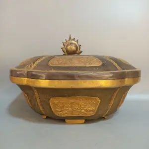 مجموعة التحف من أدوات الذهب مجموعة تراثية سلالة تانغ صندوق أطعمة ذهبي جزئي مصنوع يدويًا صندوق مزود بغطاء محفوظ محفور عليه تنانين وأوركيد