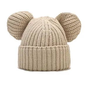 Gadis rajutan akrilik Rib Beanie dengan telinga beruang topi Beanie disesuaikan Mouse telinga desain Crochet topi musim dingin