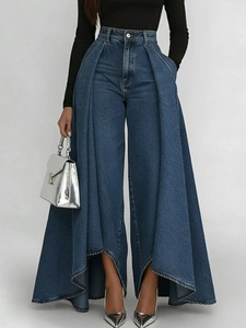 Fashion Faux Denim Printed Solid Color Button Design Casual Trousers Loose Large Flared Straight Leg Pants - Product Image 5