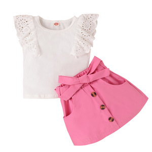 2024HO set di vestiti estivi per bambine in pizzo 1-5y manica volante <span class=keywords><strong>O</strong></span> collo gilet Top tinta unita con bottone con cintura per bambini <span class=keywords><strong>Sui</strong></span> - Product Image 5