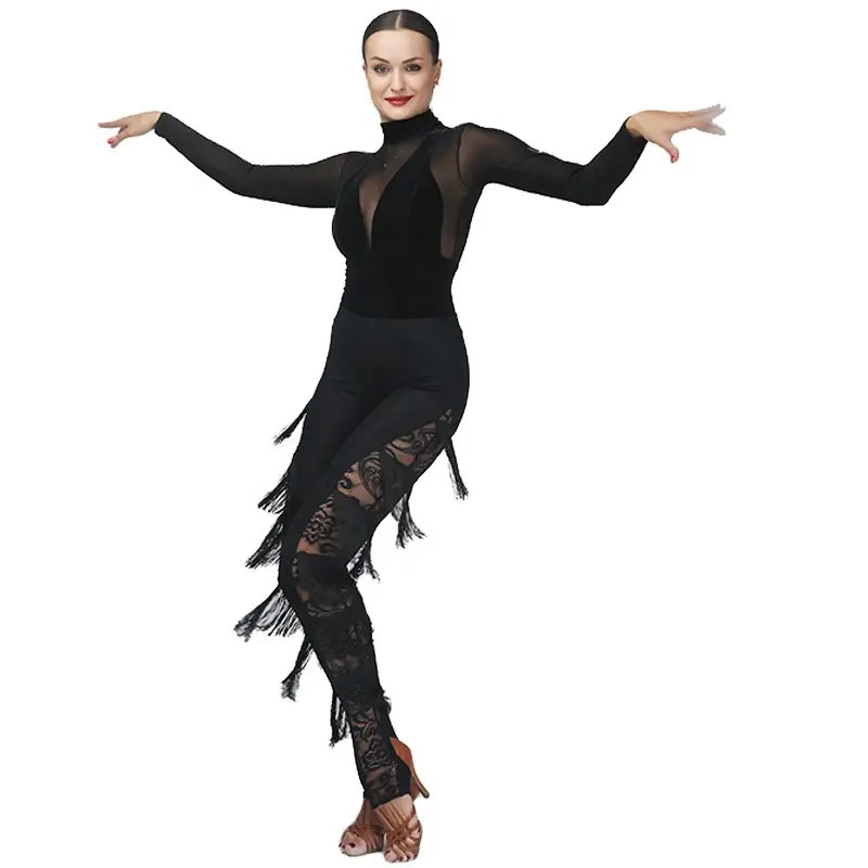 Traje de dança do baile latino de franja, vestido de dança do jazz latino para competição