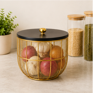 Nordic Gold Metal <b>Mesh</b> Fruit Basket with Lid Dustproof & <b>Insect</b> Resistant Kitchen Countertop Organizer - Product Image 3