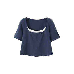 Camiseta de Manga Corta con Bloques de Color, Estilo Dos Piezas, Talla Grande para Mujer, Tejido de Punto, Negro, Albaricoque, Azul, N8877 - Product Image 2