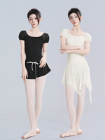 Elegante Maillot de Ballet con Mangas Abullonadas de Encaje, con Relleno en el Sujetador, Bolsillo, Doble Forro y Espalda en U, para Práctica de Danza
