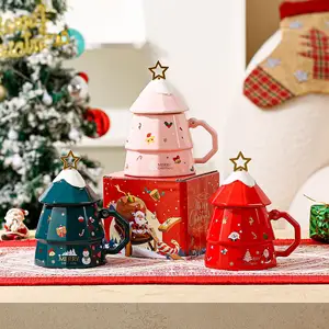 تصميم جديد هدايا عيد الميلاد 400 مل أكواب سيراميك لعيد الميلاد فنجان قهوة سيراميك فنجان قهوة مع ملعقة وصندوق هدايا