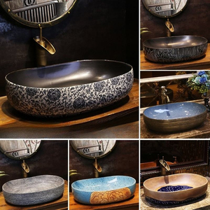 Lavabo da <span class=keywords><strong>bagno</strong></span> ovale in marmo con incisioni a strisce, smaltato a forno, colore blu e argento, lavabo artistico da appoggio, all'ingrosso - Product Image 3