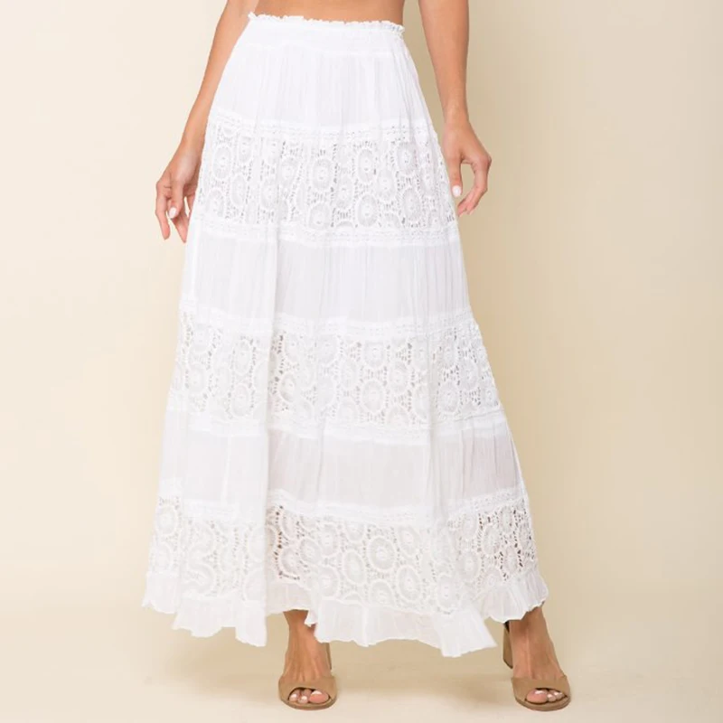 Mulheres Custom Moda Saias de Verão Para As Mulheres Bohemian 100% Algodão Longo Bordado Branco Maxi Saia Saias Das Mulheres