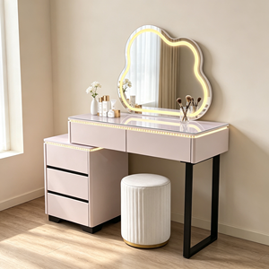 Coiffeuse rose moderne avec miroir LED en forme de nuage, meuble de rangement et tabouret pour chambre à coucher - Product Image 1