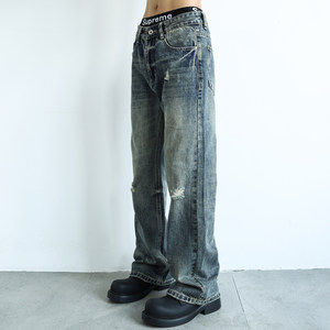 A25AZ-W612/<span class=keywords><strong>Micro</strong></span> trou évasé droit Denim Jeans garçons lavé en détresse Style américain haute rue automne rétro pantalon - Product Image 1