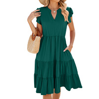 Nouvelle Robe Décontractée Mi-longue Femme Été 2024, Couleur Unie, Col en V, Ample, Élégante, Manches Courtes à Volants, Taille Cintrée, Patchwork, Coupe Trapèze