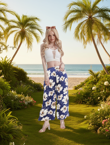 J769 Pantaloni Larghi Boho da Donna a Vita Alta con Stampa Floreale in Chiffon, Pantaloni Estivi Sciolti a Lunghezza Caviglia con Elastico in Vita - Product Image 2