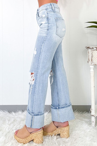 2025 Jeans de mezclilla informales para mujer Estilo recto azul claro con corte transpirable Moda lavable y logotipo en la cintura - Product Image 2