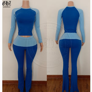 Ropa de otoño para chicas altas, camiseta de manga larga raglán ajustada de algodón personalizada para mujer y conjuntos de pantalones acampanados plegables para mujer - Product Image 4