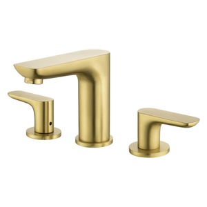 Rubinetto da Bagno Oro Spazzolato a 3 Fori con Bocca Curva a Cilindro, Base Rotonda, Leva Piatta, Arco Morbido, Due Maniglie, per Lavabo - Product Image 1
