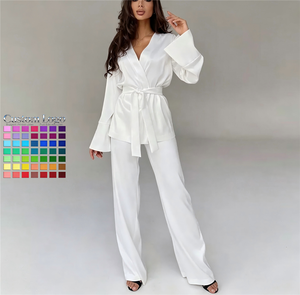 Ensemble de pyjama en satin de soie élégant pour femme, style robe longue à manches évasées et ceinture, coupe ample et jambe large, pour la détente, vente en gros en vrac, personnalisable - Product Image 3