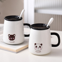 Taza de Porcelana con Diseño de Animal de Dibujos Animados en Blanco y Negro con Cuchara, Apta para Microondas y Lavavajillas, para Fiestas, Diseño Adorable