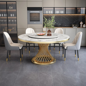 Set <span class=keywords><strong>Tavolo</strong></span> da Pranzo Dorato con <span class=keywords><strong>Piano</strong></span> in Marmo, Mobili <span class=keywords><strong>per</strong></span> Sala da Pranzo, <span class=keywords><strong>Tavolo</strong></span> da Pranzo <span class=keywords><strong>Rotondo</strong></span> con 6 Sedie - Product Image 4