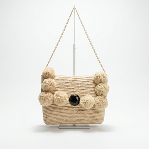 Sac à main en crochet pour femme, forme carrée, avec chaîne, pompon décoratif, style bohème, fermeture à bouton, sac de plage - Product Image 1