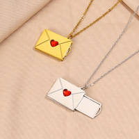Collier avec pendentif en forme d'enveloppe ouvrable, en acier inoxydable, avec un cœur rouge en cristal, charme en forme de lettre d'amour, plaqué or, bijoux imperméables