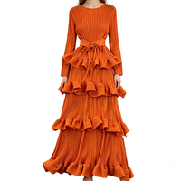 Robe longue de haute couture à volants, plissée, à manches longues, robe à étages, imprimé numérique uni, tissée, décontractée, été, printemps