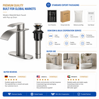 Robinet de lavabo élégant en acier inoxydable nickel brossé, à levier unique, avec bec cascade haut cylindrique et siphon escamotable