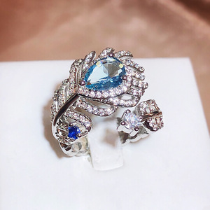 Nuevo Anillo de Pluma con Circonita Cúbica Azul, Anillo Abierto Ajustable para Mujer, Antideslustre, Joyería de Moda para Damas, Venta al por Mayor - Product Image 2