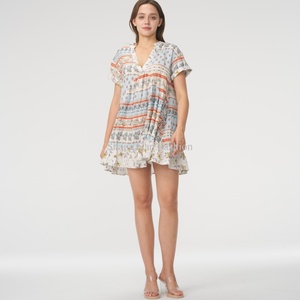 Vestido Mini Casual de Verano para Mujer, Cómodo, 100% Algodón y Lino, Moderno, Estampado a Rayas, Personalizable, Tejido, en Oferta - Product Image 1