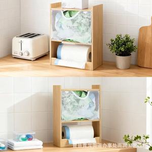 Double Layer Wooden Storage Rack With Mesh Pocket For <b>Kitchen</b> <b>Paper</b> Towel And Plastic Bags Standing Type Rectangle Solid Color - Product Image 1