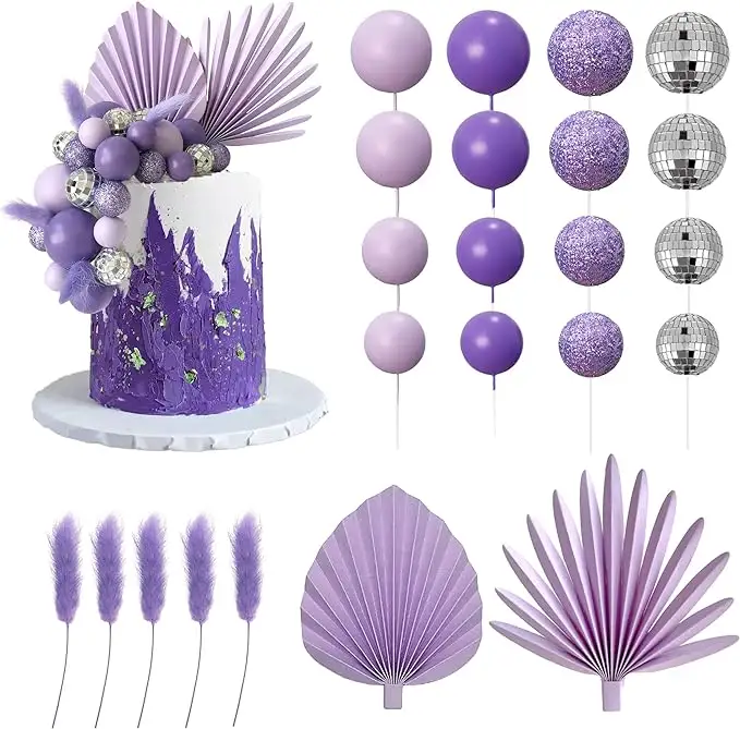 Decoração de bolo de discoteca com bolas roxas para casamento, aniversário, bebê, chá de bebê, folhas de palmeira, 38 unidades