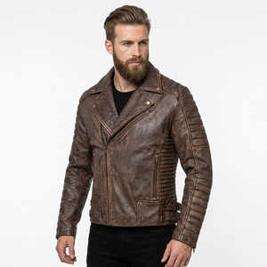 Veste en cuir véritable marron pour homme, coupe ajustée, col rabattu, fermeture éclair, doublure satinée, style hiver, respirante à l'avant - Product Image 4