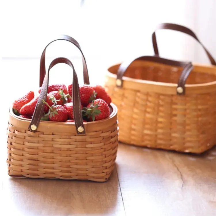 Hot Sale Kitchen Rattan Storage Fruit Vegetable Basket Tray With Leather Handlebars