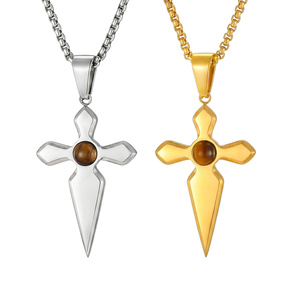Collier Croix de Dague en Acier Inoxydable 316L pour Hommes et Femmes, Pendentif Épée à Pointe Œil de Tigre, Chaîne Gothique Religieuse en Or 18K, <span class=keywords><strong>Bijoux</strong></span> - Product Image 1
