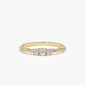 Anillo de compromiso y boda para mujer, estilo étnico trenzado, chapado en rodio, oro amarillo de 14k, con tres diamantes naturales delicados y brillantes. - Product Image 3