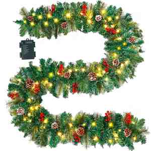 Guirnalda Navideña de 270 cm con Agujas de Pino Artificiales de PVC, Piñas Rojas, 50 Luces LED, Decoración Moderna y Sencilla Hecha a Mano - Product Image 1
