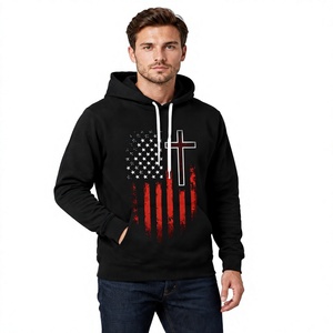 Stylish Black Printed Pullover <b>Hoodie</b> Featuring Star Stripe Graphic <b>Red</b> Accent and Cross Inspired Front Artwork - Product Image 1