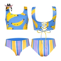 Speelse Met Bananenprint Meisjes Badmode Met Hoge Taille, Gekruiste Stropdassen Kinderbadpak Voor Bij Het Zwembad