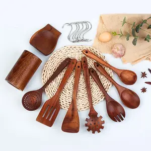 Utensilios de cocina de nuevo diseño, utensilios de sujeción para el hogar, juego de utensilios con mango de madera, cucharas de madera para cocinar