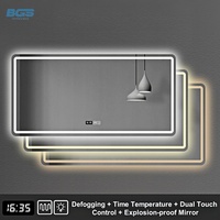 Miroir mural LED moderne IP44 anti-buée avec interrupteur tactile intelligent affichant la température et l'heure pour salon, salle de sport, appartement, hôtel