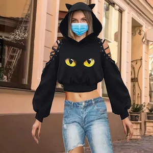 Schwarze Katze Ohren Gothic Punk kalte Schulter Bandage schwarz Cartoon Langarm Streetwear Tops für Mädchen