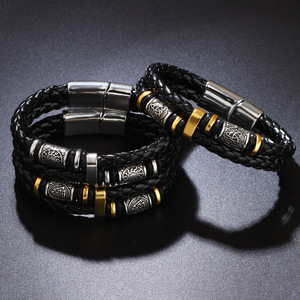 Bracelet Viking Nordique en Acier Inoxydable Doré, Double Chaîne en Cuir Tressé, Bijou Géométrique pour Homme, Cadeau - Product Image 2