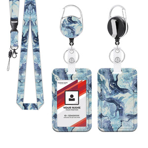 Cordón para tarjeta de acceso rosa con diseño de rombos, soporte para credencial de identificación de empleado, llavero retráctil, patrón azul mármol - Product Image 5